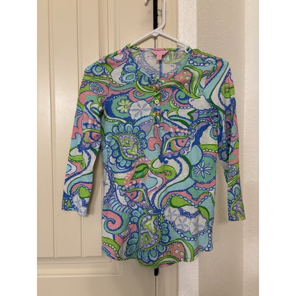 Lilly Pulitzer Kirby Tunic Top XS Multi Conch Republic Henley 3/4 Sleeve